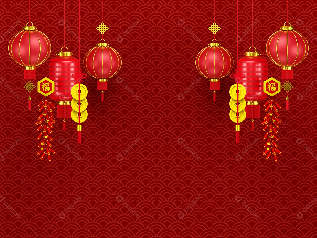 ilustração 3d do ano novo chinês com lanterna e biscoito, tradução em chinês