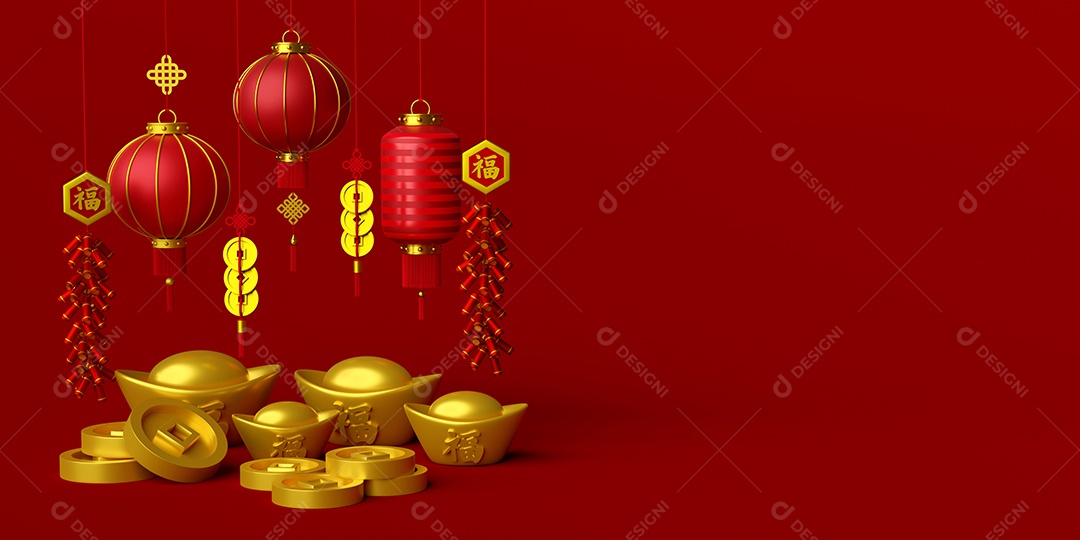 ilustração 3D do banner do ano novo chinês com lanterna chinesa, lingote e moeda