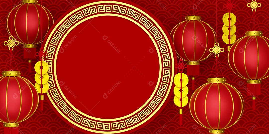 ilustração 3D do banner do ano novo chinês com lanterna pendurada