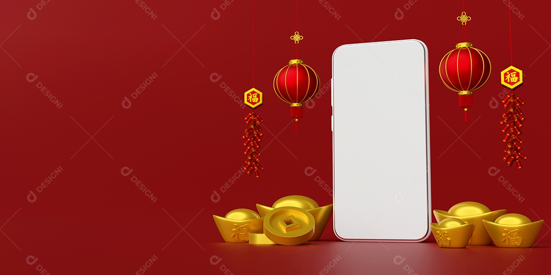 ilustração 3D do banner do ano novo chinês com smartphone com lanterna pendurada