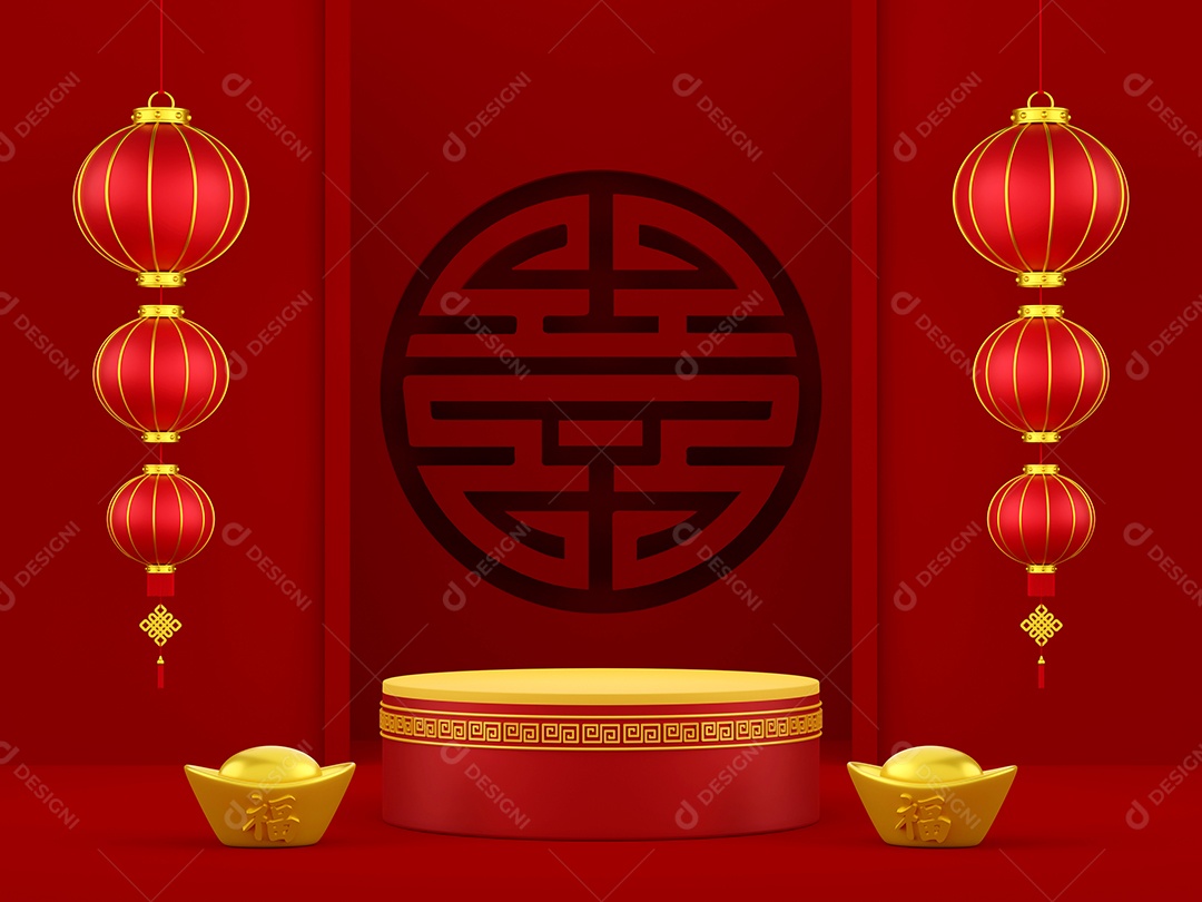 ilustração 3d do pódio com lanterna chinesa, feliz ano novo chinês