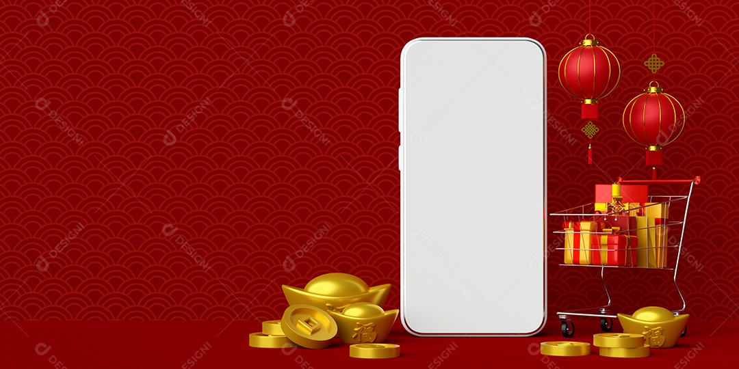 ilustração 3D do banner do ano novo chinês com smartphone com lanterna pendurada, conceito de compras on-line
