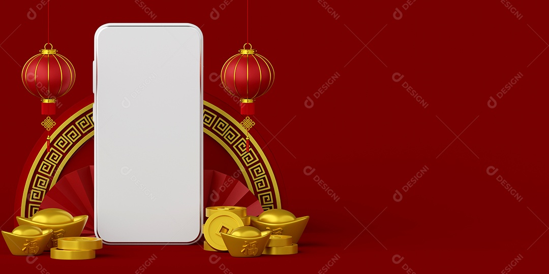 ilustração 3D do banner do ano novo chinês com smartphone com lanterna, lingote e moeda de suspensão