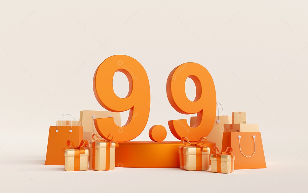 Ilustração 3D do pódio de promoção 9,9 com sacola de compras e caixa de presente