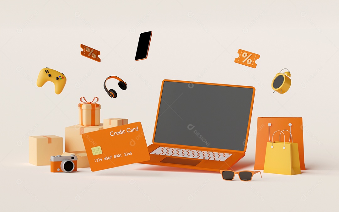 Ilustração 3D de compras on-line com o conceito de cartão de crédito, laptop de tela em branco com cartão de crédito, caixa de encomendas e itens