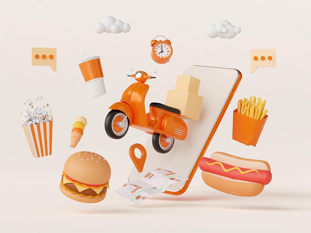 Aplicativo de entrega de comida on-line no celular, ilustração 3d