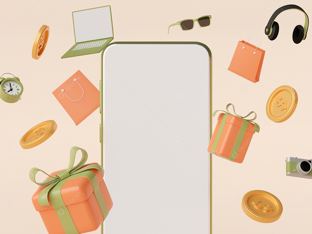 Conceito de comércio eletrônico, compras on-line em aplicativos móveis, renderização em 3d