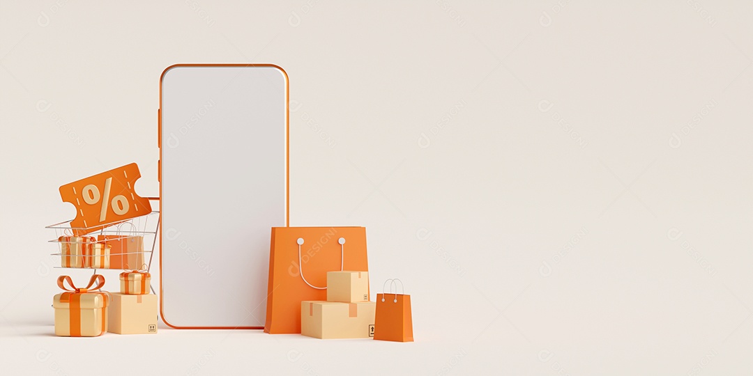 Código de desconto com aplicativo de compras on-line no celular, ilustração 3d