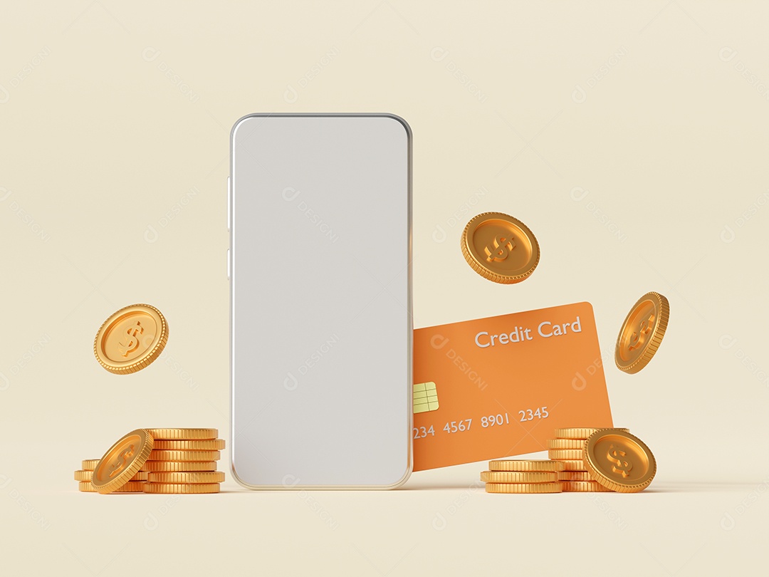 ilustração 3D de maquete de smartphone com cartão de crédito e moeda de dólar