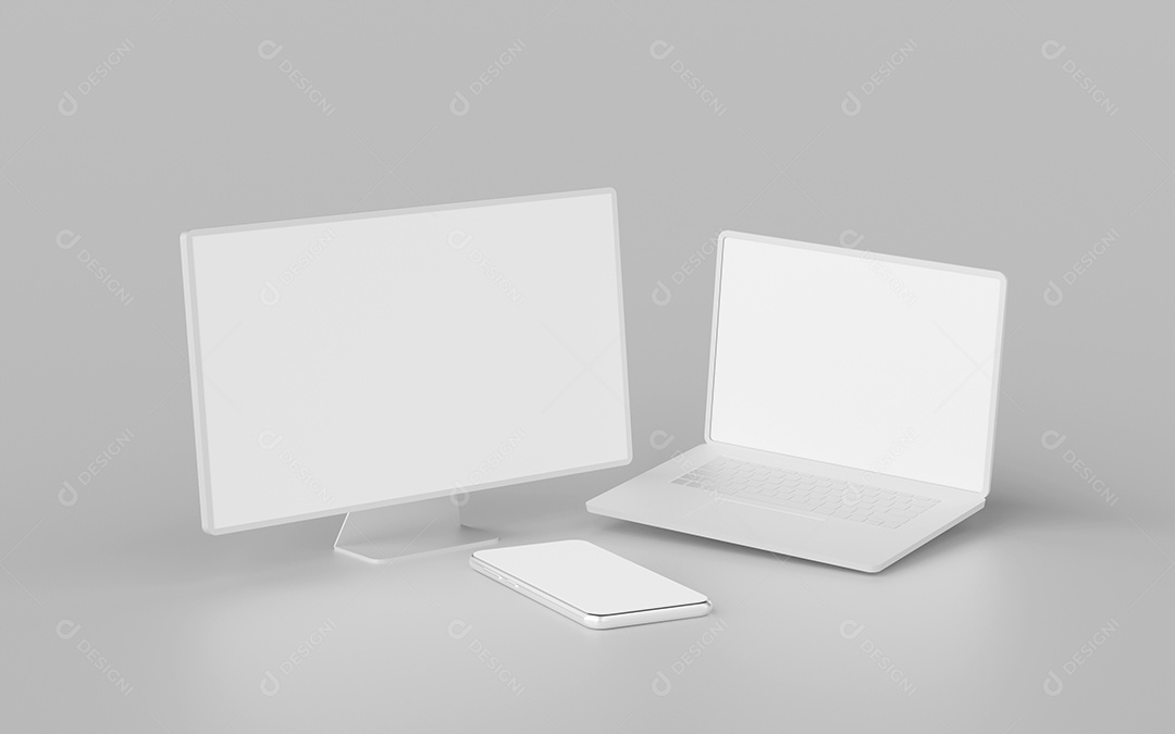 Monitor minimalista, laptop e smartphone com maquete de tela em branco, renderização em 3D