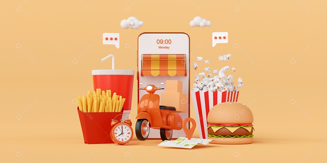 Serviço de entrega em aplicativo móvel, entrega de transporte por scooter, renderização em 3d