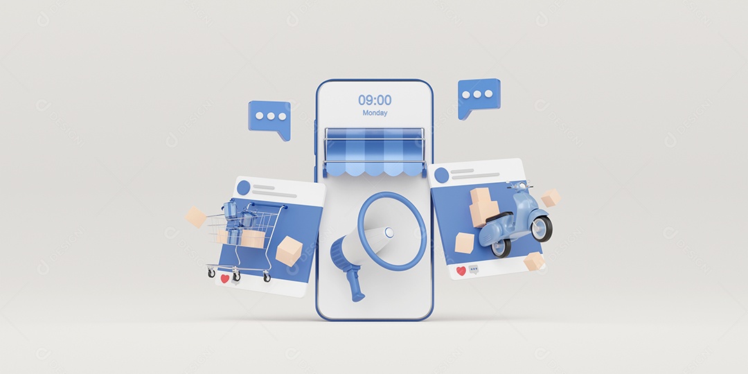 Conceito de comércio eletrônico, compras on-line e serviço de entrega em aplicativo móvel, transporte ou entrega de comida por scooter, renderização em 3d