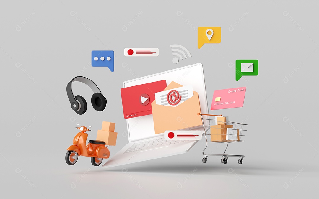 Ilustração 3D de multitarefa online no laptop, como trabalhar, ouvir música ou fazer compras