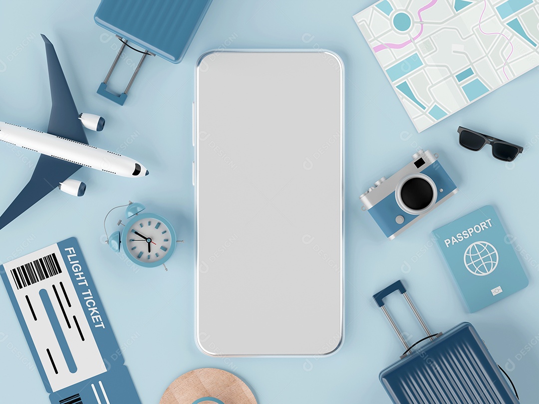 Reserva de voo, compra de bilhete ou aplicativo de check-in em smartphone, ilustração 3D