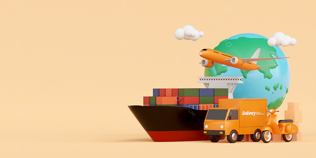 Logística global, entrega e transporte de carga, ilustração 3D
