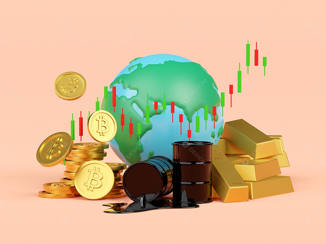 Bitcoin, barris de petróleo e ouro com globo, ilustração 3d