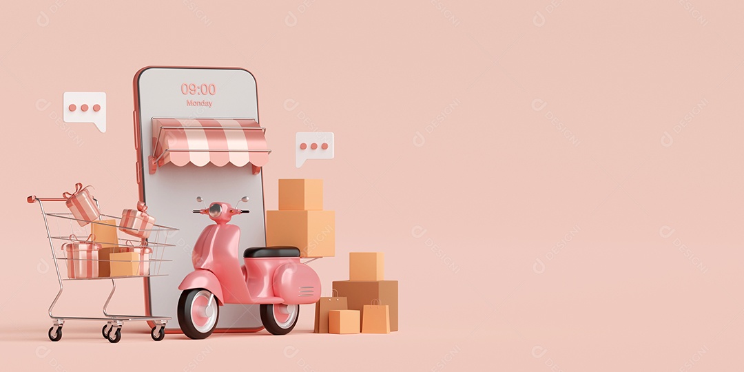 Serviço de entrega em aplicativo móvel, entrega de transporte por scooter, renderização em 3d