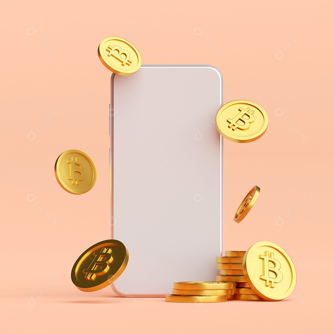 Negociação de aplicativos Bitcoin em smartphone, ilustração 3D