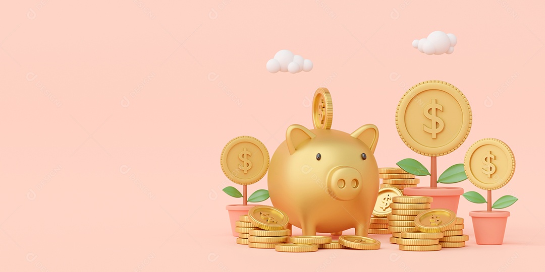 Conceito de economia de dinheiro, colocando uma moeda no cofrinho, fundo de banner, renderização em 3d