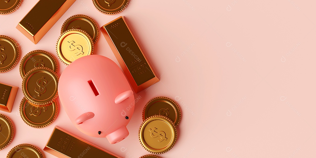 Vista superior do cofrinho com barra de ouro e moeda de dólar, ilustração 3d