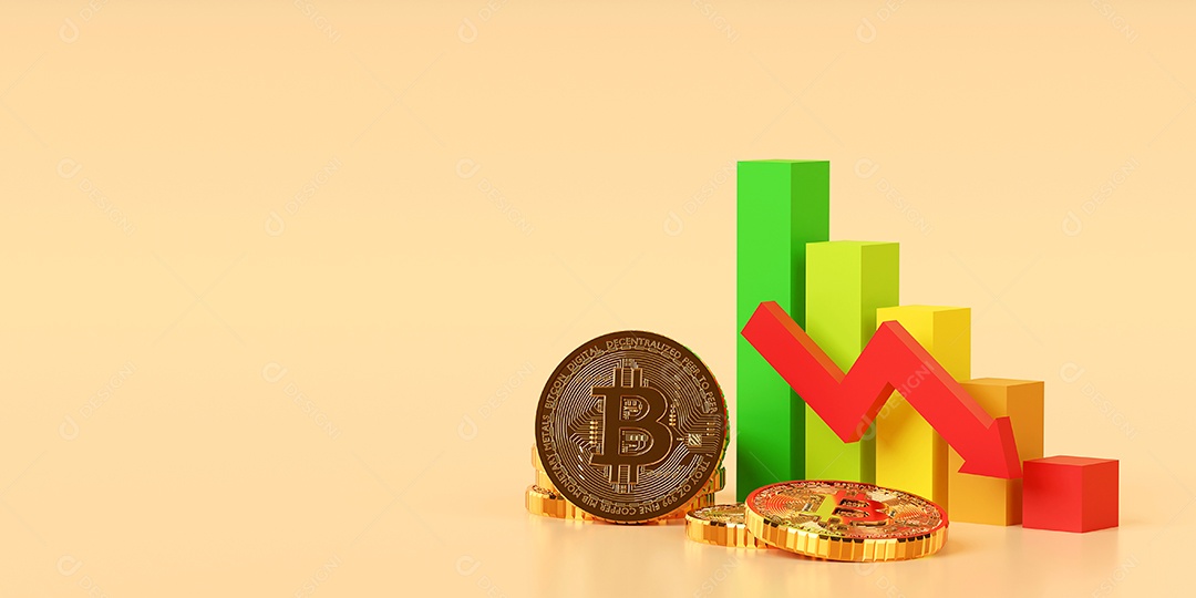 Conceito de investimento, gráfico gráfico da tendência de bitcoin BTC bitcoin do mercado de ações para baixo, ilustração 3d