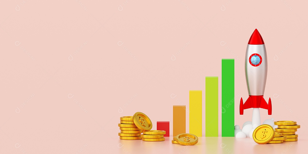Conceito de negócio, gráfico de tendência ascendente com lançamento de foguete do chão com moeda de dólar, ilustração 3d