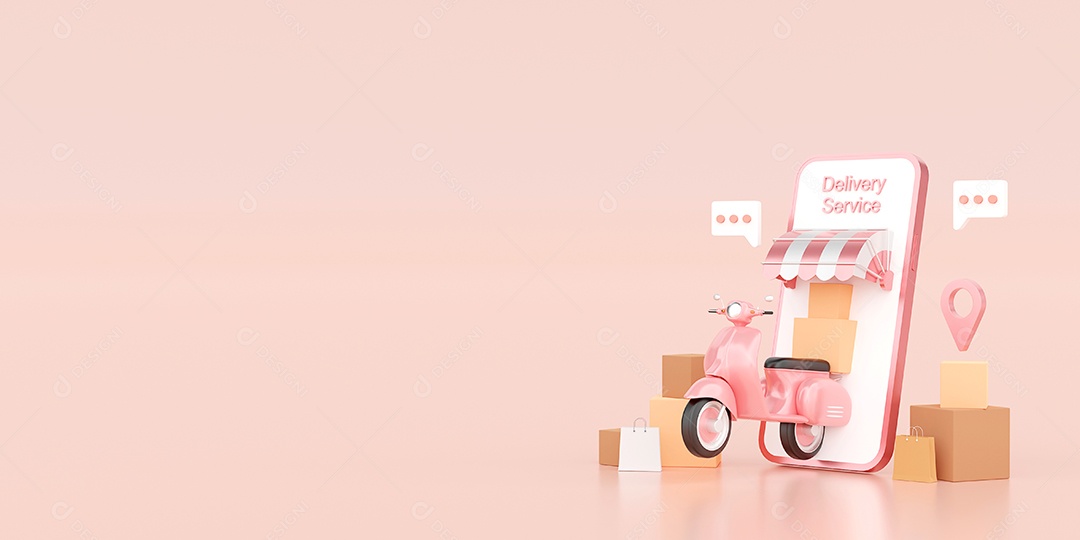 Serviço de entrega em aplicativo móvel, entrega de transporte por caminhão, ilustração 3d