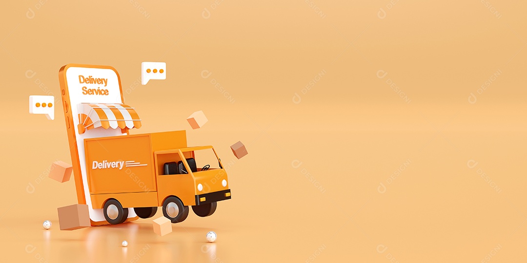 Serviço de entrega em aplicativo móvel, entrega de transporte por caminhão, ilustração 3d