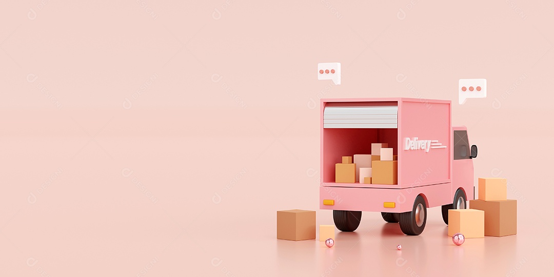 Conceito de comércio eletrônico, entrega de remessa de transporte por caminhão, ilustração 3d