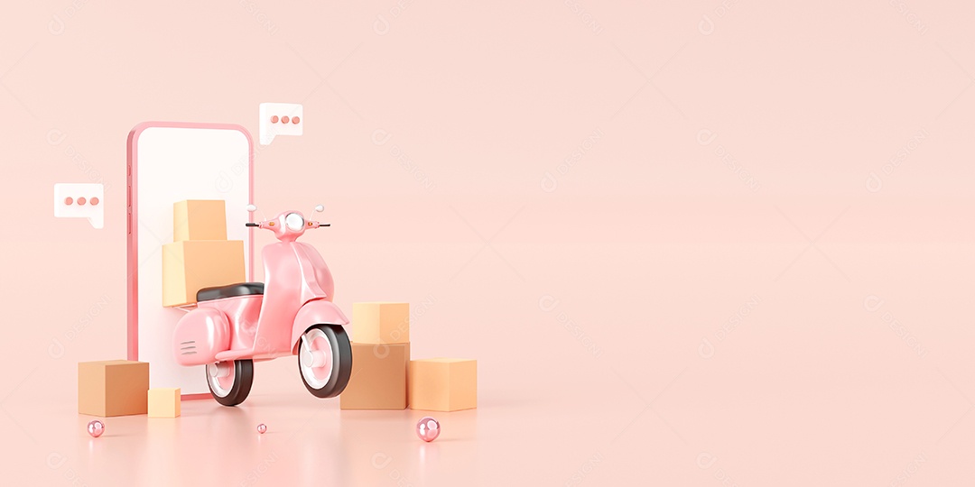 Conceito de comércio eletrônico, serviço de entrega em aplicativos móveis, transporte ou entrega de comida por scooter, ilustração 3d