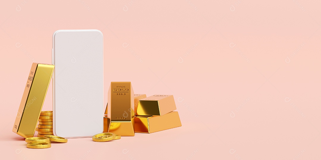 Conceito de investimento, maquete de Smartphone com barras de ouro e moeda de dólar, ilustração 3D