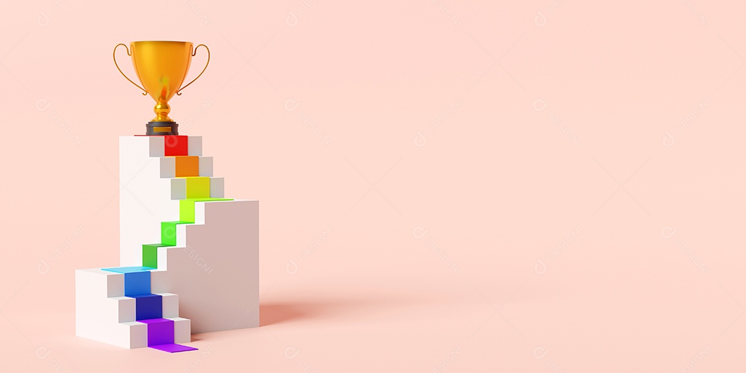 Troféu de ouro no pódio da escada, ilustração 3d