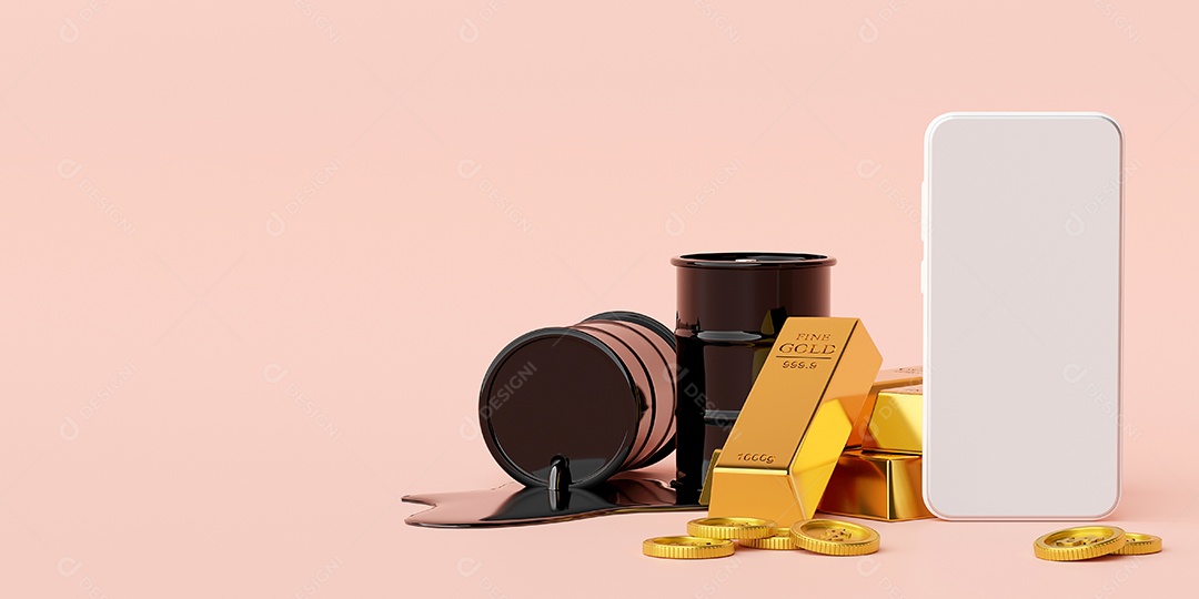 Conceito de investimento, maquete de Smartphone com barras de ouro e barril de petróleo