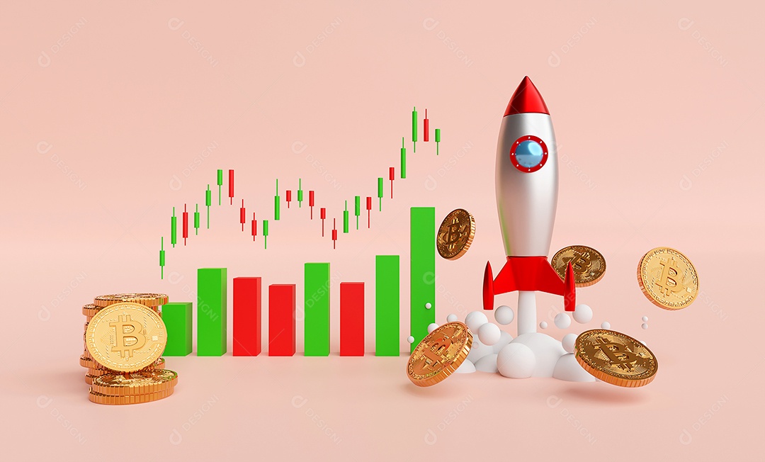 Lançamento de foguete e bitcoin BTC com gráfico gráfico de velas, ilustração 3d