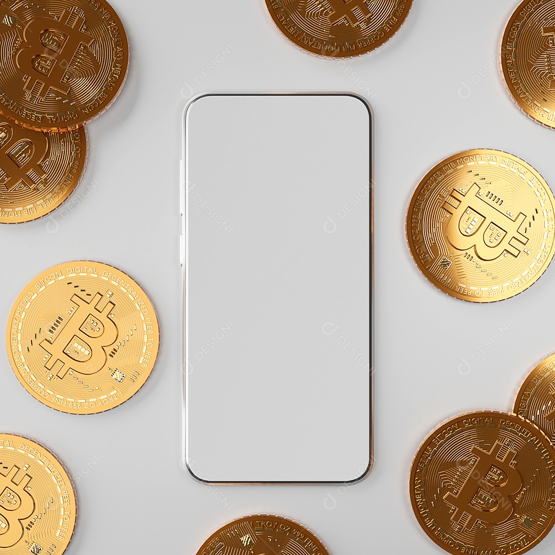 Blockchain cyptocurrency Bitcoin BTC com maquete de smartphone, ilustração 3d