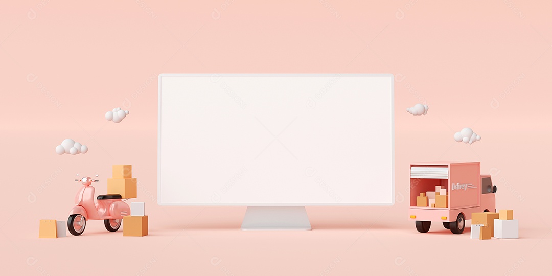 Conceito de comércio eletrônico, serviço de compras e entrega on-line, entrega de transporte por caminhão ou scooter, ilustração 3d