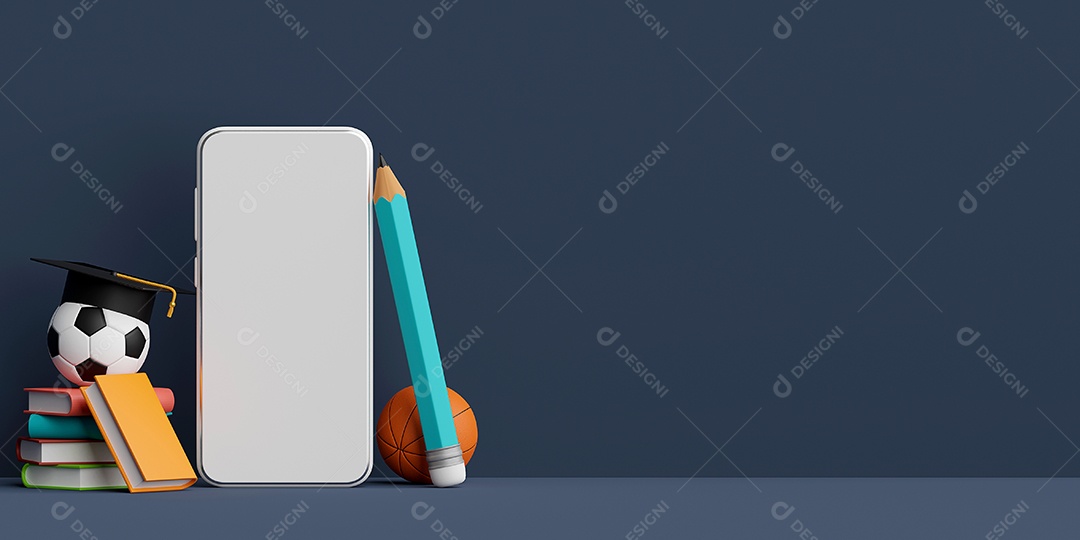 Conceito on-line de educação, banner de smartphone com material educacional, ilustração 3d