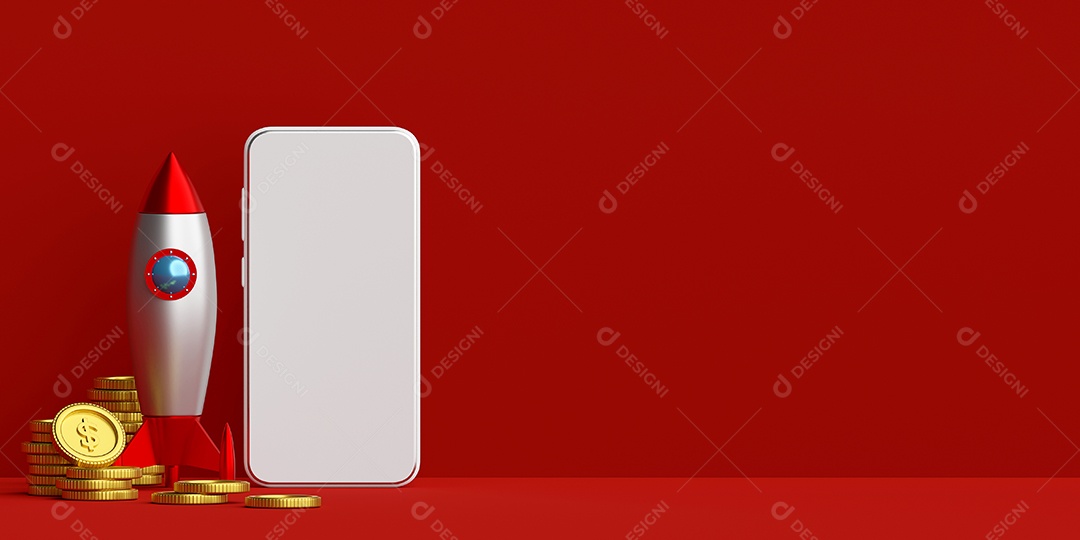 Conceito de negócios, foguete e smartphone com moeda de dólar, ilustração 3d