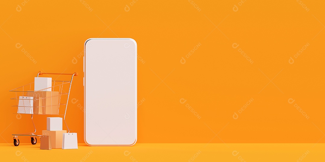 Conceito de marketing digital, compras online em aplicativos móveis, ilustração 3d