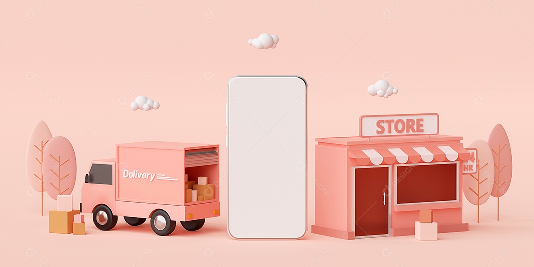 Edifício mínimo de loja de conveniência com fundo rosa, ilustração 3d