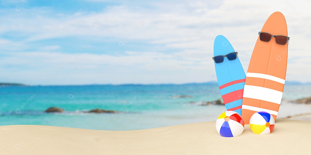 Mala com acessórios de viagem e prancha de surf, conceito de verão, ilustração 3d