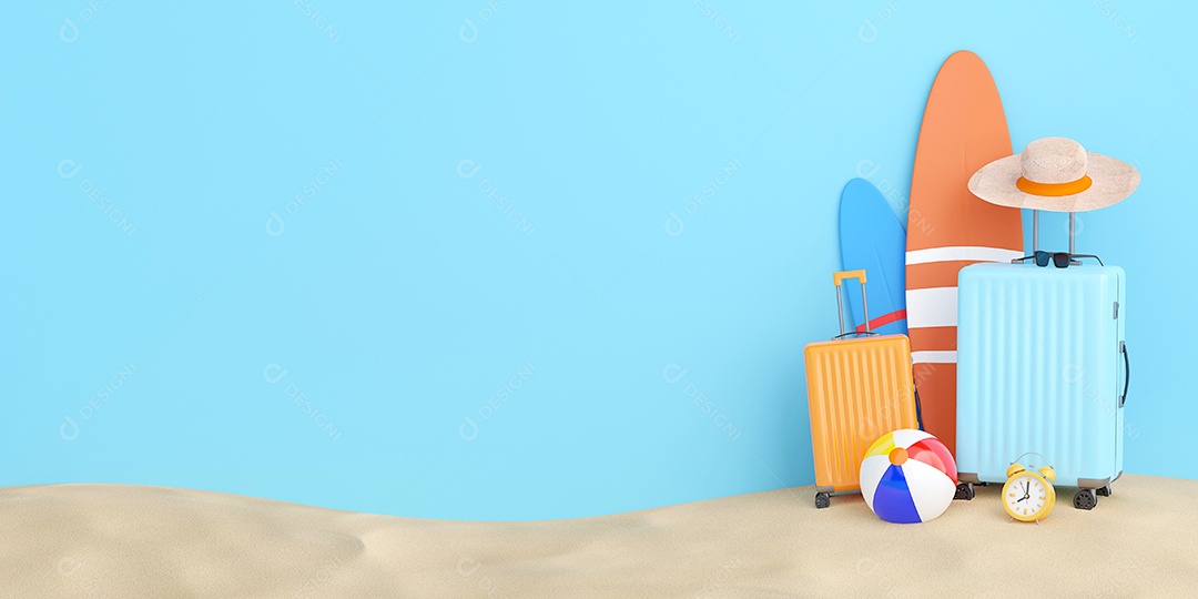 Mala com acessórios de viagem e prancha de surf, conceito de verão, ilustração 3d