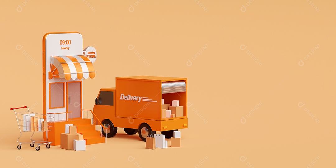 Conceito de comércio eletrônico, serviço de entrega em aplicativos móveis, entrega de transporte por caminhão ou scooter, renderização em 3d