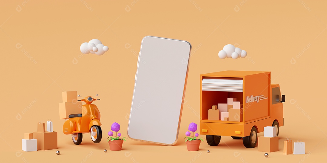 Conceito de comércio eletrônico, serviço de entrega em aplicativos móveis, entrega de transporte por caminhão ou scooter, renderização em 3d