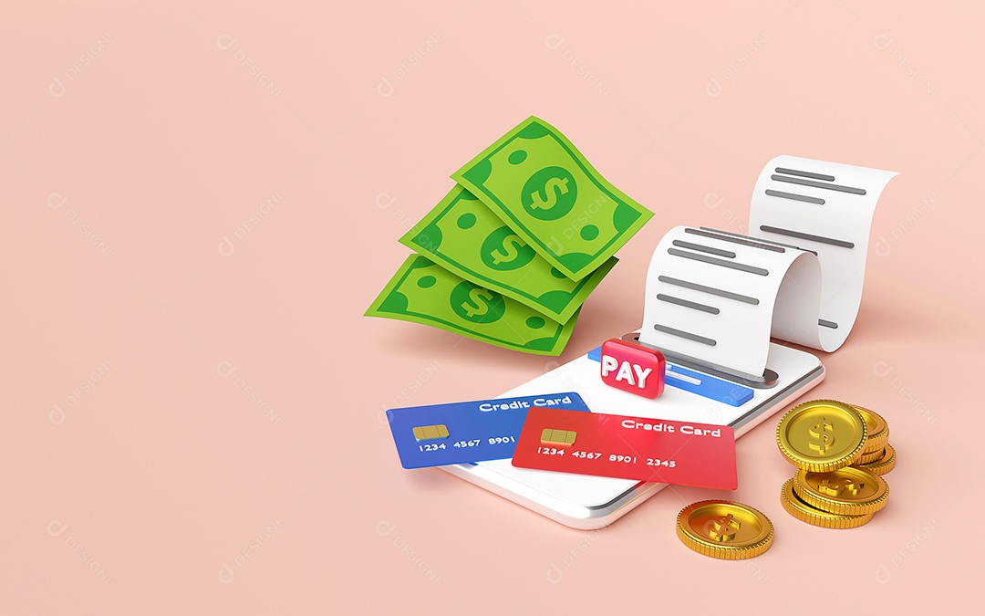 Pagamento on-line de contas eletrônicas no conceito de smartphone, ilustração 3d