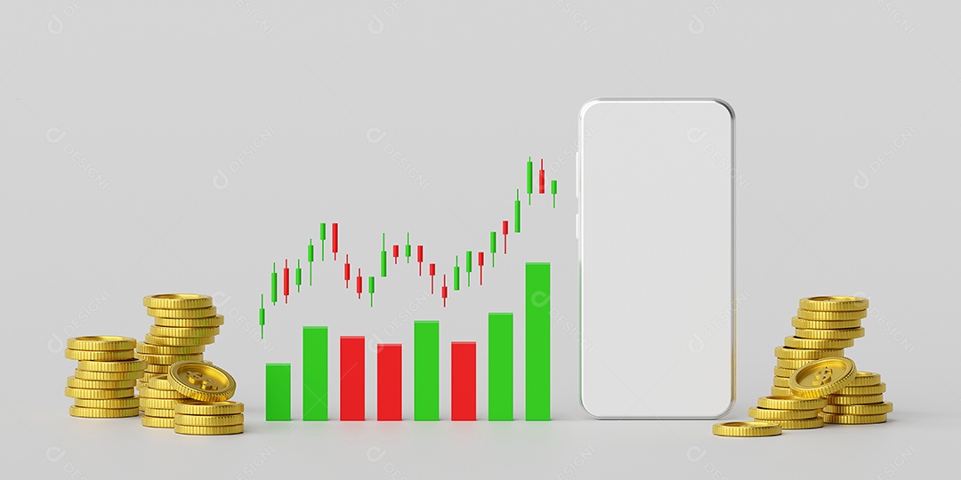 Negociação de ações e forex em smartphones, aplicativos de finanças e investimentos, ilustração 3D