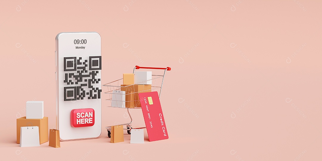 Pagamento no conceito móvel, digitalização de código QR no celular fazendo pagamento e verificação, ilustração 3D
