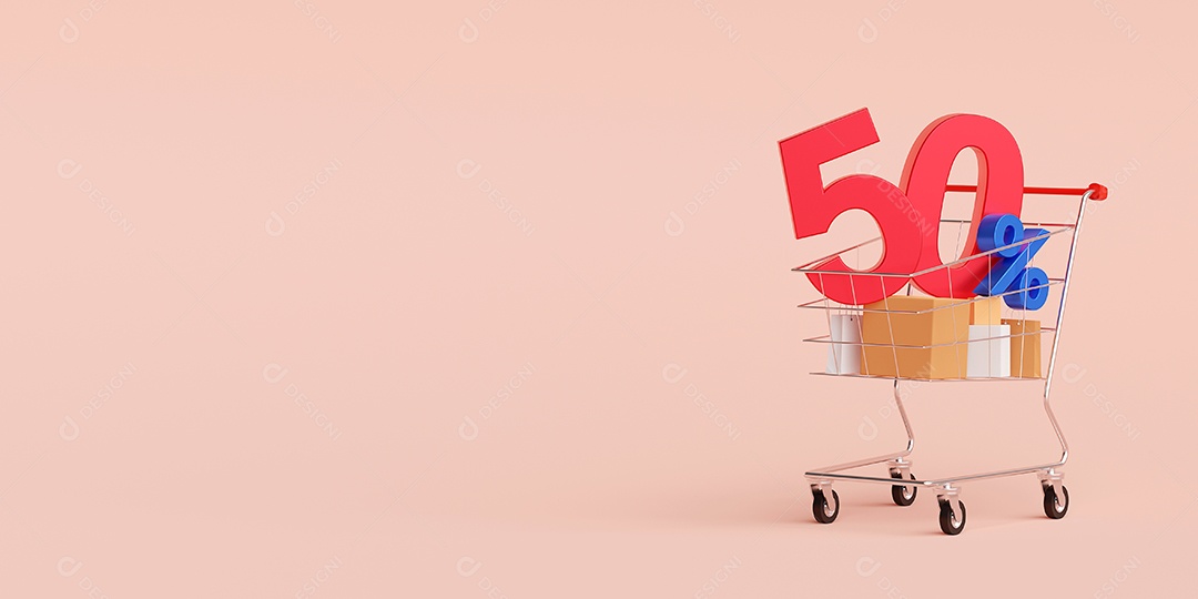 Banner de compras com desconto de oferta especial de até 50%, ilustração 3d