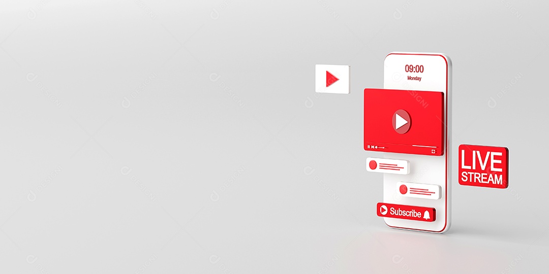 Transmissão ao vivo no aplicativo de mídia social no smartphone, renderização em 3d