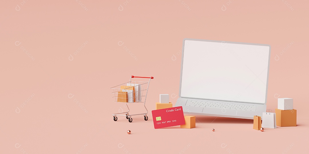 Compras on-line no conceito de laptop, renderização em 3d